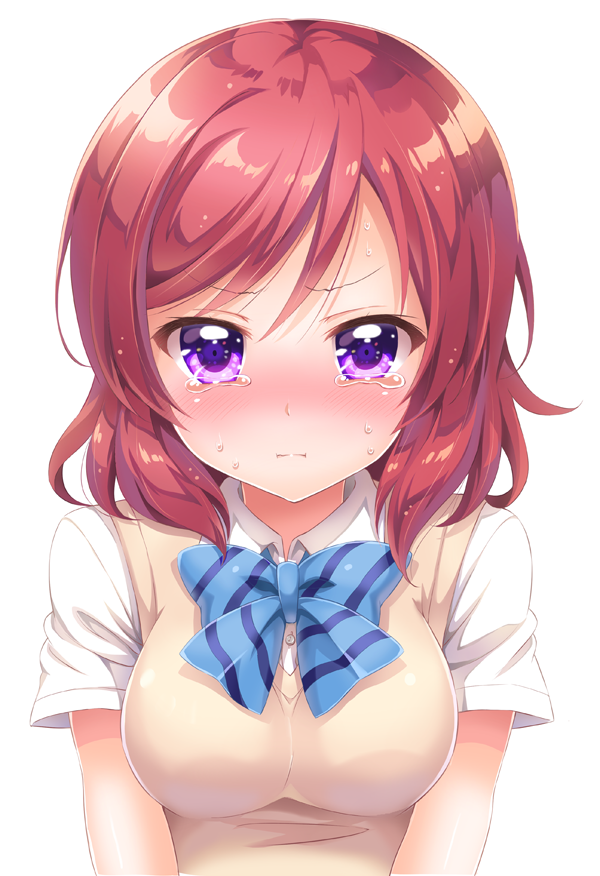 10s 1girl :i blush bow bowtie breasts female_focus large_breasts looking_at_viewer love_live! love_live!_school_idol_project nishikino_maki pout purple_eyes red_hair sakurai_makoto_(custom_size) school_uniform short_hair simple_background solo tears upper_body white_background