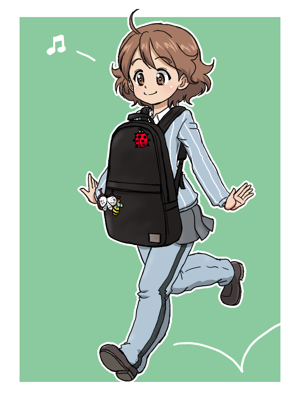 1girl adapted_costume ahoge backpack bag bee bee_ornament black_bag blue_pants blue_sweater brown_eyes brown_hair bug butterfly butterfly_ornament charm_(object) collared_shirt curly_hair front_backpack girls_und_panzer girls_und_panzer_saishuushou green_background grey_shoes grey_skirt insect keizoku_school_uniform ladybug ladybug_ornament miniskirt musical_note outstretched_arms pants pants_under_skirt pleated_skirt reino_(girls_und_panzer) rhinoceros_beetle rhinoceros_beetle_ornament school_uniform shirt shoes short_hair simple_background skipping skirt smile spread_arms sweater takahashi_kurage track_pants vertical-striped_sweater white_shirt