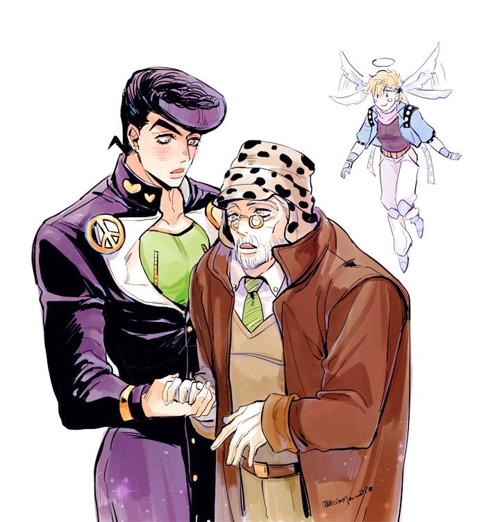 3boys angel battle_tendency beard blue_eyes blue_jacket bomber_hat caesar_anthonio_zeppeli cane diamond_wa_kudakenai facial_hair father_and_son flapping_ears gakuran glasses halo hat hatoyama_itsuru head_wings higashikata_josuke jacket jojo_no_kimyou_na_bouken joseph_joestar joseph_joestar_(old) male_focus multiple_boys necktie pompadour purple_eyes purple_hair school_uniform wings