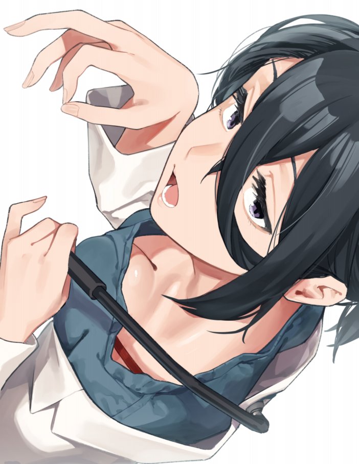 1girl black_hair blue_shirt bra bra_strap breasts cleavage coat cover fingernails from_above hair_between_eyes hiratsuka_satomi holding looking_at_viewer lower_teeth_only medium_breasts muchi_maro official_art open_mouth ponytail purple_eyes red_bra seitokai_ni_mo_ana_wa_aru! shirt sidelocks simple_background small_breasts solo teeth underwear white_background white_coat