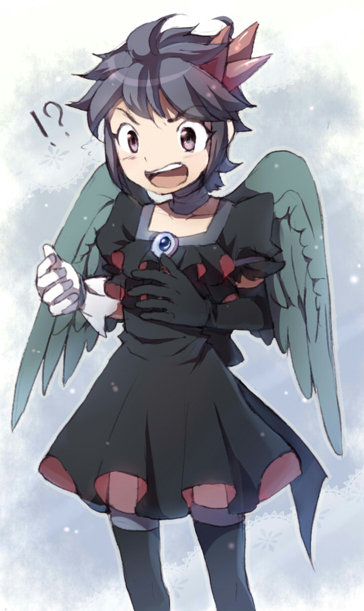 !? 1boy alternate_costume androgynous azumi_(tks-sd) black_dress black_hair cosplay cosplay_request cowboy_shot crossdressing dark_angel dark_pit dark_precure_(cosplay) dress frilled_dress frills grey_wings kid_icarus kid_icarus_uprising male_focus nintendo pale_skin short_hair sidelocks solo spiked_hair teeth trap upper_teeth_only v-shaped_eyebrows wings