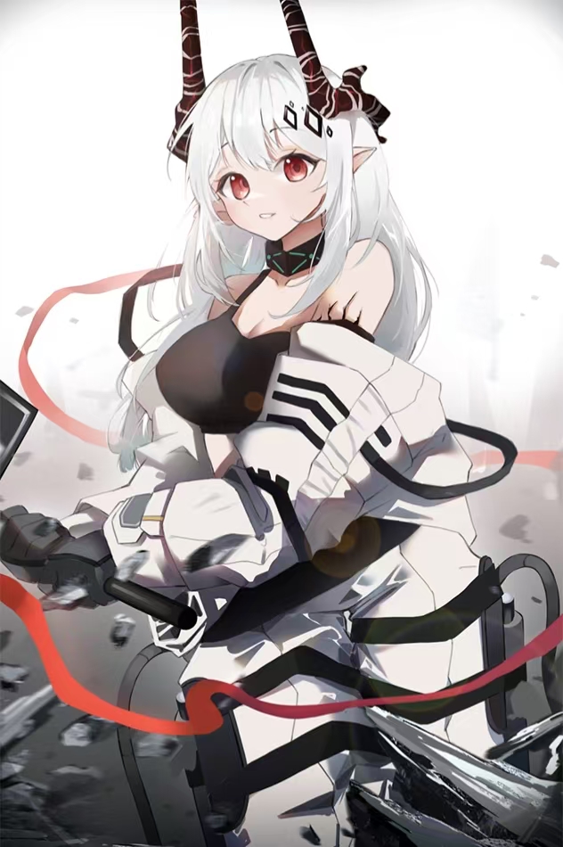 1girl arknights bare_shoulders black_gloves black_sports_bra breasts brown_horns chinese_commentary cleavage commentary_request cowboy_shot gloves holding horns infection_monitor_(arknights) jiong_yitiao_xian_yu large_breasts long_hair long_sleeves looking_at_viewer material_growth mudrock_(arknights) mudrock_(elite_ii)_(arknights) oripathy_lesion_(arknights) partial_commentary red_eyes smile solo sports_bra standing white_background white_hair