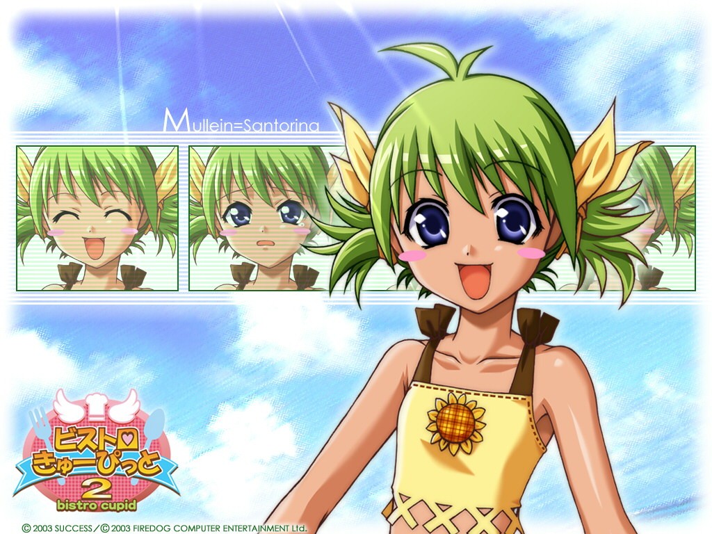00s 1girl 2003 :d bikini bistro_cupid bistro_cupid_(series) bistro_cupid_2 blue_eyes blush_stickers character_name collarbone copyright_name female_focus green_hair happy logo mullein_santorina official_art official_wallpaper open_mouth pandaki_(aki) short_hair short_twintails smile solo swimsuit twintails yellow_bikini