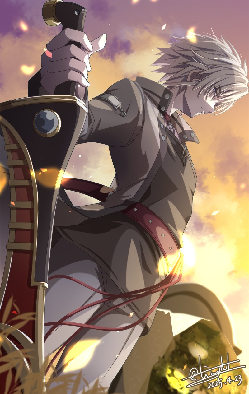 dated eiyuu_densetsu falling_petals grass hair_between_eyes highres holding holding_sword holding_weapon leonhardt_(eiyuu_densetsu) outdoors petals planted planted_sword planted_weapon short_hair signature sora_no_kiseki sword tinybiard twitter_username weapon white_hair yellow_eyes