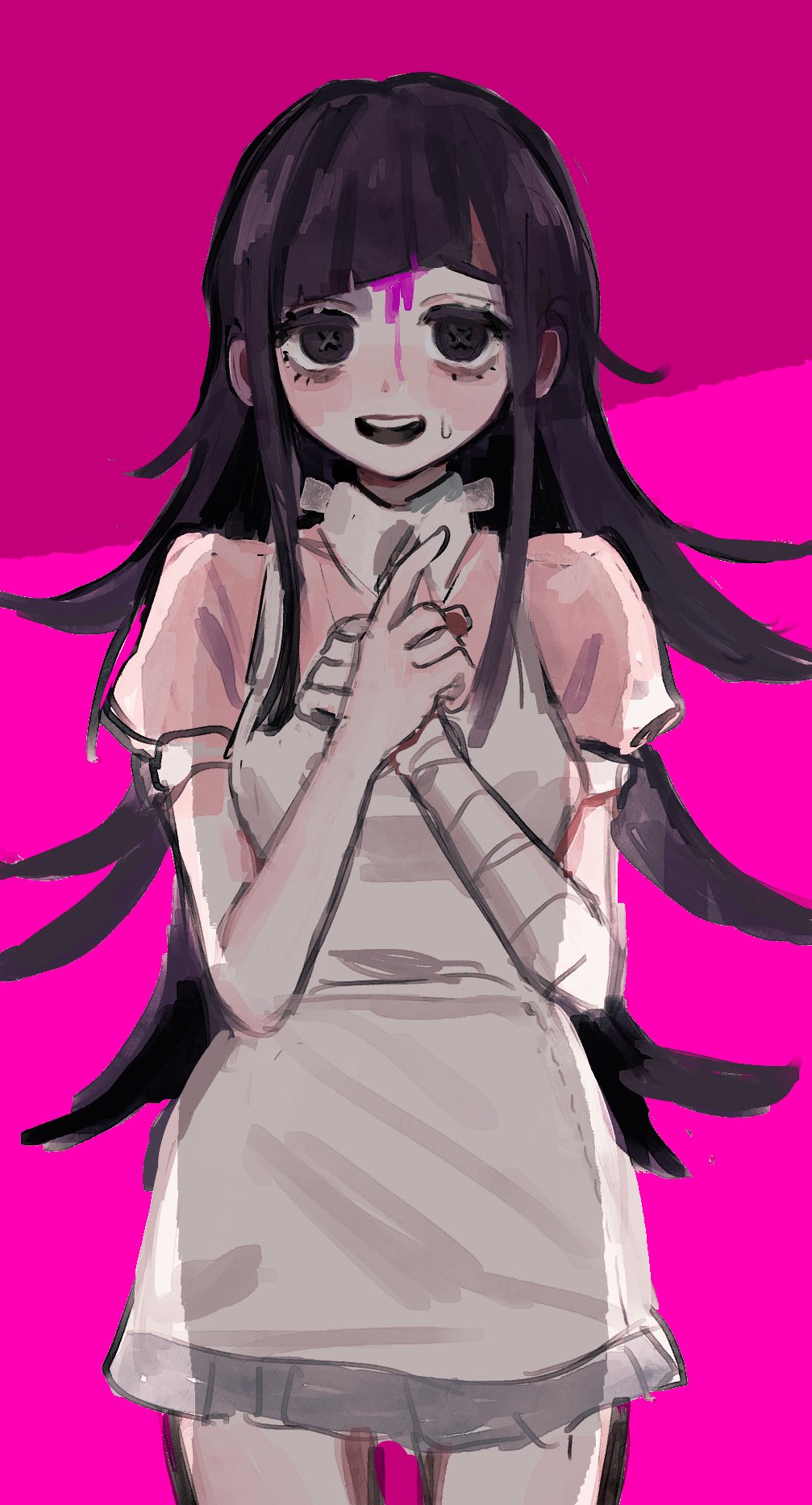 1girl :d apron bandaged_arm bandages black_eyes black_hair blood blood_on_face blush breasts collared_shirt cowboy_shot danganronpa_(series) danganronpa_2:_goodbye_despair hands_up highres hoge_(n8sss) long_hair looking_at_viewer nurse open_mouth pink_background pink_shirt puffy_short_sleeves puffy_sleeves shirt short_sleeves sketch skirt small_breasts smile solo sweatdrop teeth tsumiki_mikan upper_teeth_only