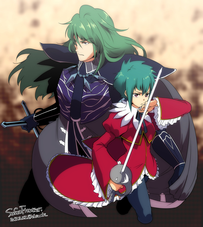 1boy 1girl asellus_(saga_frontier) black_gloves cape chimaki_(impressiveanarchy) closed_mouth copyright_name dated gloves horns ildon jewelry saga saga_frontier short_hair sword weapon