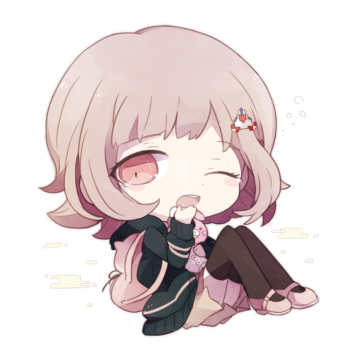 1girl animal_bag arm_ribbon backpack bag belt belt_buckle black_thighhighs blue_jacket blush_stickers brown_skirt buckle chibi commentary_request danganronpa_(series) danganronpa_2:_goodbye_despair diaper eyelashes full_body galaga hair_ornament hairclip holding holding_stuffed_toy hood hood_down hooded_jacket jacket knees_up long_sleeves mary_janes miniskirt monomi_(danganronpa) nanami_chiaki one_eye_closed open_clothes open_jacket open_mouth pink_bag pink_belt pink_eyes pink_hair pink_ribbon pink_shoes pleated_skirt ribbon ruri_(2620981) shoe_belt shoes short_hair simple_background sitting skirt sleeping sleeves_past_wrists solo squeans stuffed_animal stuffed_rabbit stuffed_toy sweater_jacket teeth thighhighs upper_teeth_only white_background yawning