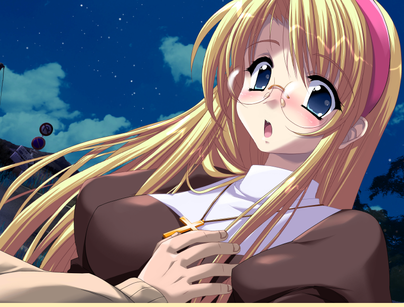 1girl blonde_hair blue_eyes cross downhill_night emily_(pure_dream) glasses long_hair nun top_(company) yano_maria