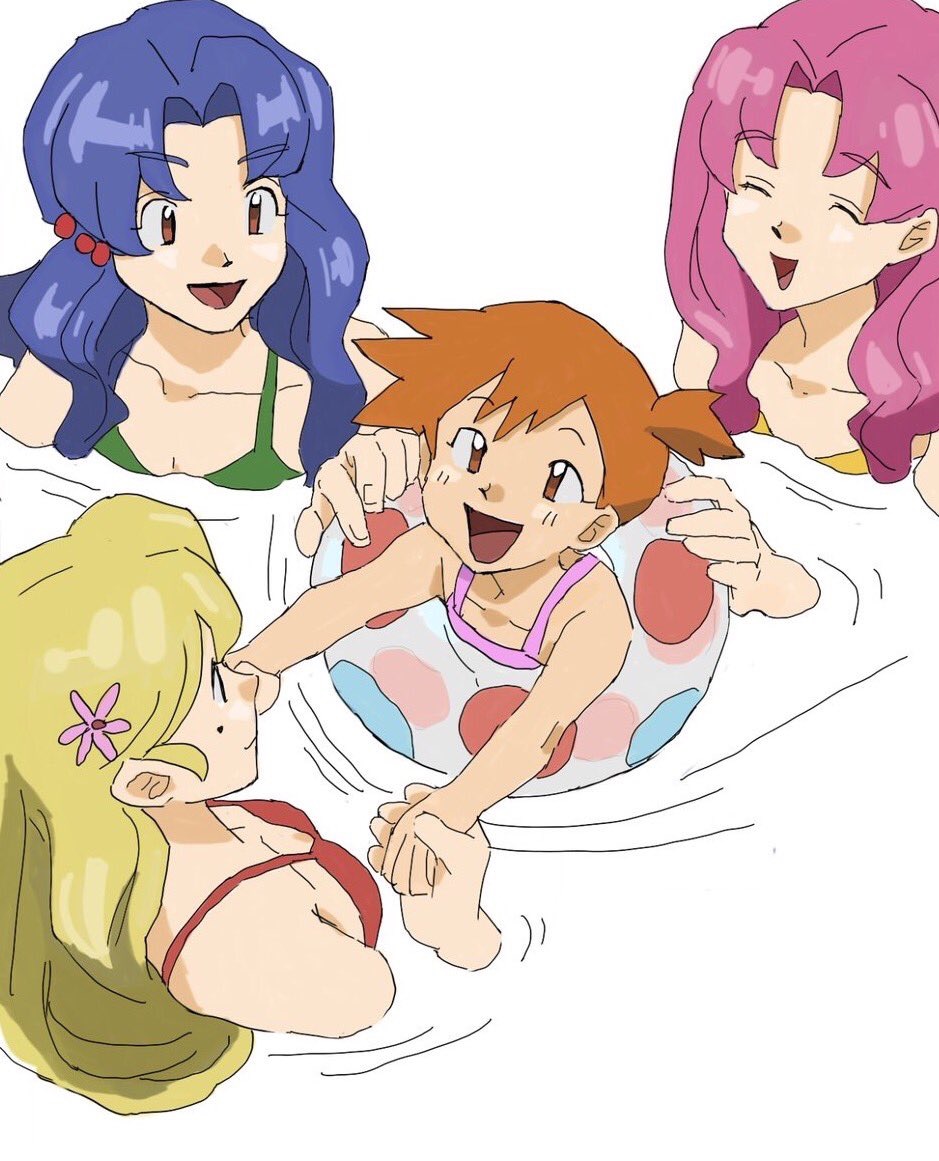 4girls arms_up bare_arms blonde_hair blue_hair closed_mouth daisy_(pokemon) eyelashes green_eyes hair_tie lily_(pokemon) lily_(pokemon_classic_anime) long_hair misty_(pokemon) multiple_girls nashubi_(to_infinity_wow) nintendo open_mouth orange_hair pink_hair pokemon pokemon_(anime) pokemon_(classic_anime) purple_eyes shirt short_hair shorts siblings sisters sleeveless sleeveless_shirt smile suspenders violet_(pokemon) white_background yellow_shirt