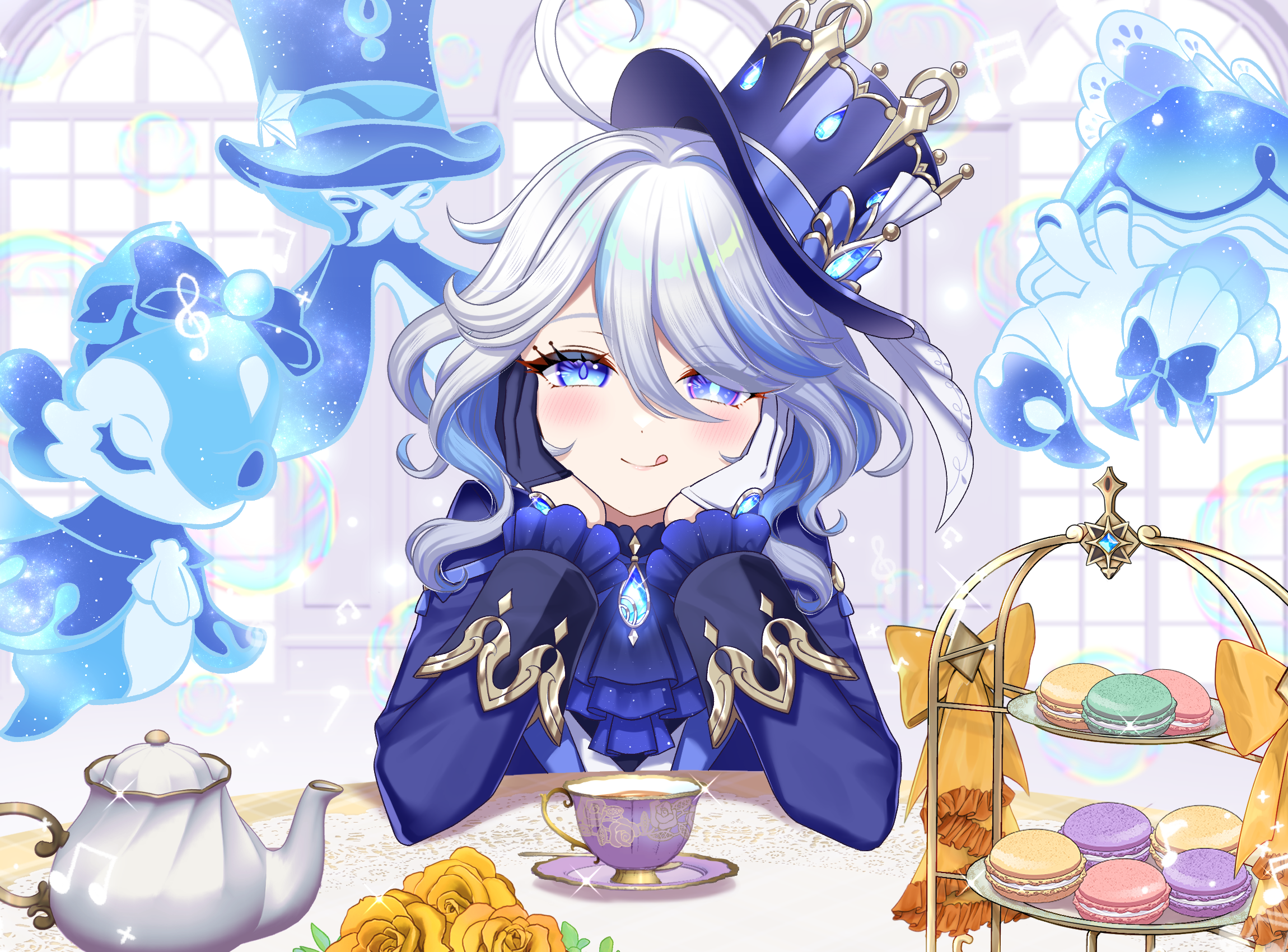 1girl ahoge ascot asymmetrical_gloves blue_ascot blue_eyes blue_gloves blue_hair blue_hat blue_jacket blush brooch cup food furina_(genshin_impact) genshin_impact gloves hat highres indoors jacket jewelry macaron mismatched_gloves multicolored_hair solo streaked_hair tateko25wiz teacup teapot tiered_tray top_hat upper_body white_gloves white_hair window