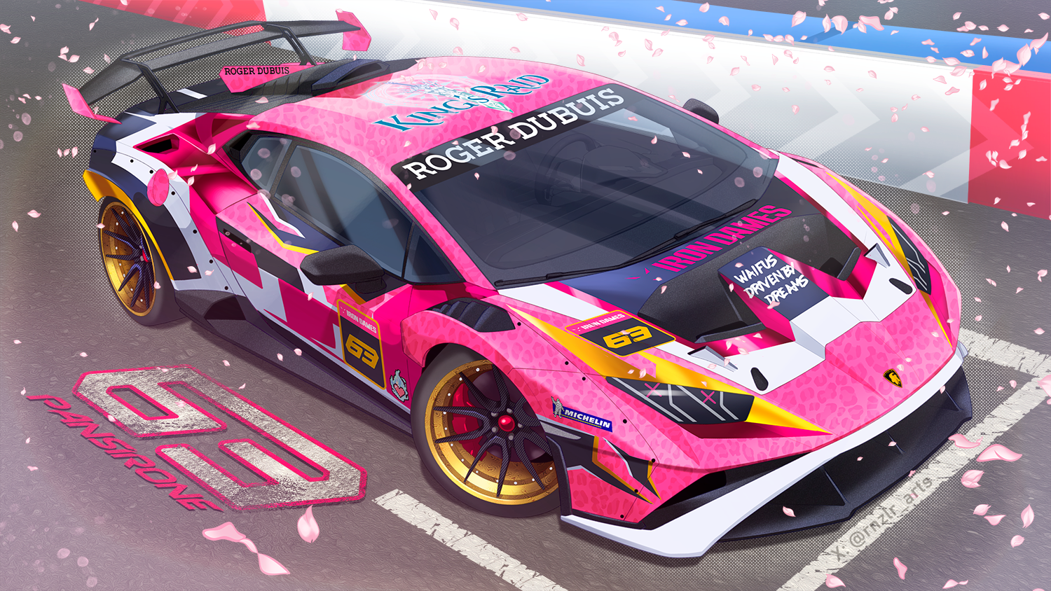 car character_name copyright_name imrinzlergtz_art iron_lynx king&#039;s_raid lamborghini lamborghini_huracan lamborghini_super_trofeo michelin michelin_man motor_vehicle no_humans pink_car race_vehicle racecar racetrack shadow spoiler_(automobile) sports_car vehicle_focus