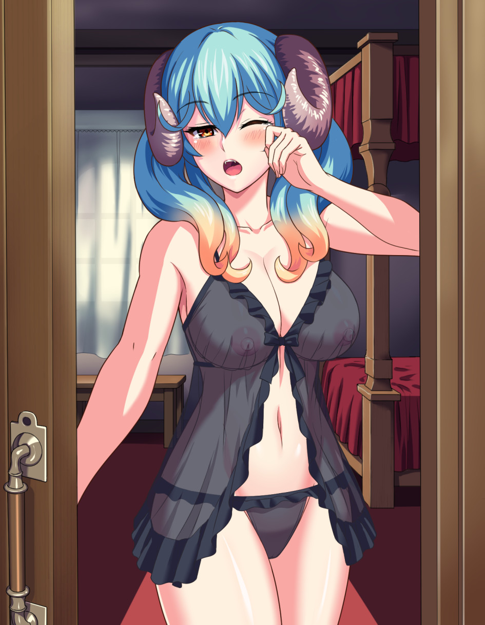 1girl babydoll bed black_panties blonde_hair blush breasts brown_eyes bunk_bed collarbone cowboy_shot curtains demon_horns doorway female_focus frilled_panties frills green_hair hair_between_eyes head_tilt highres horns indoors kanabuso lapis_(sennen_sensou_aigis) large_breasts long_hair looking_at_viewer multicolored_hair navel nipples open_door open_mouth panties rubbing_eyes see-through_clothes sennen_sensou_aigis solo tears two-tone_hair underwear window