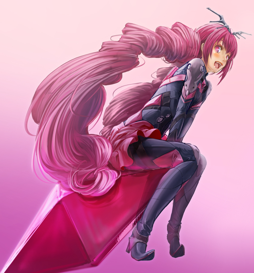 10s 1girl adapted_costume bad_end_happy bad_end_precure bat_wings black_bodysuit bodysuit female_focus goru_(cure_golgom) long_hair mecha_pilot_suit open_mouth pink_eyes pink_hair plugsuit_(evangelion) precure sitting smile smile_precure! solo tiara twintails wings yes!_precure_5