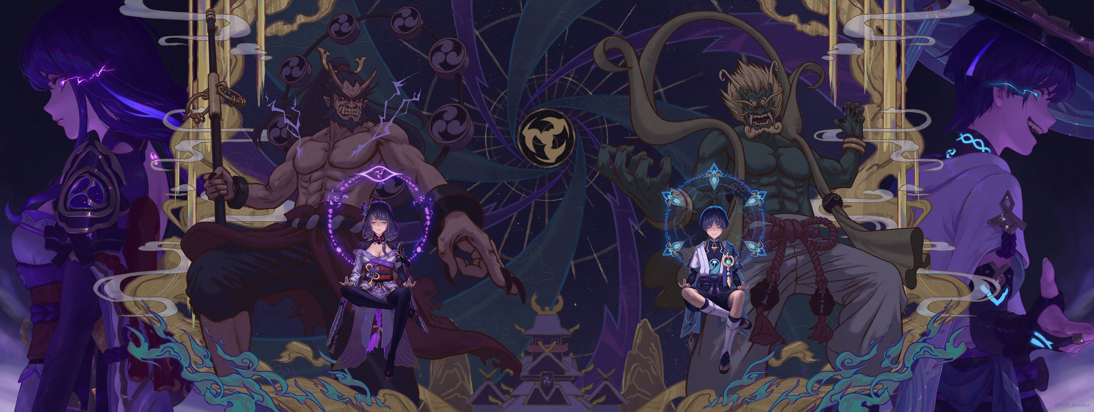 1boy 1girl abs absurdres architecture arm_at_side armor beard belt black_belt black_bodysuit black_bow black_hair black_leggings black_nails black_pants black_rope black_sandals black_shorts black_shrug black_thighhighs blonde_hair blue_cape blue_halo blue_kimono blue_sleeves blunt_bangs blunt_ends bodysuit bow bracer breasts bridal_gauntlets brothers brown_sandals building cape chinese_knot cleavage clenched_teeth closed_eyes closed_mouth colored_skin curled_fingers east_asian_architecture electric_eyes electro_symbol_(genshin_impact) facial_hair facing_viewer fangs feathers fingernails floating flower furisode fuujin_(mythology) genshin_impact glowing_markings glowing_pupils gold_trim green_eyes green_skin hagoromo hair_flower hair_ornament hair_tie half_lotus_position halo halo_behind_head hands_on_own_thighs high_ponytail highres holding holding_polearm holding_weapon horns japanese_armor japanese_clothes japanese_mythology juban kimono kote kuri_kuriku kurokote large_breasts layered_sleeves leg_warmers leggings levitation lipgloss long_eyelashes long_hair looking_at_viewer low-braided_long_hair low-tied_long_hair magic_circle mitsudomoe_(shape) mother_and_son mudra muscular obi obiage obijime okobo open_clothes open_kimono outstretched_arms pants parted_bangs pectorals platform_sandals pointing pointing_down polearm pom_pom_(clothes) ponytail purple_bridal_gauntlets purple_flower purple_hair purple_halo purple_kimono purple_rope purple_sash purple_skin purple_sleeves raiden_shogun raijin_(mythology) red_eyes red_horns red_skin rope sandals sash scaramouche_(genshin_impact) shakujou sharp_fingernails shawl shimenawa shinto short_sleeves shorts shoulder_peek shrug_(clothing) siblings sidelocks single_sode smoke spread_arms staff swept_bangs tassel tassel_hair_ornament teeth thighhighs tomoe_(symbol) topless_male torn_clothes veins wanderer_(genshin_impact) weapon white_kimono white_leg_warmers white_pants white_rope white_sleeves wind yellow_feathers yellow_shawl zouri