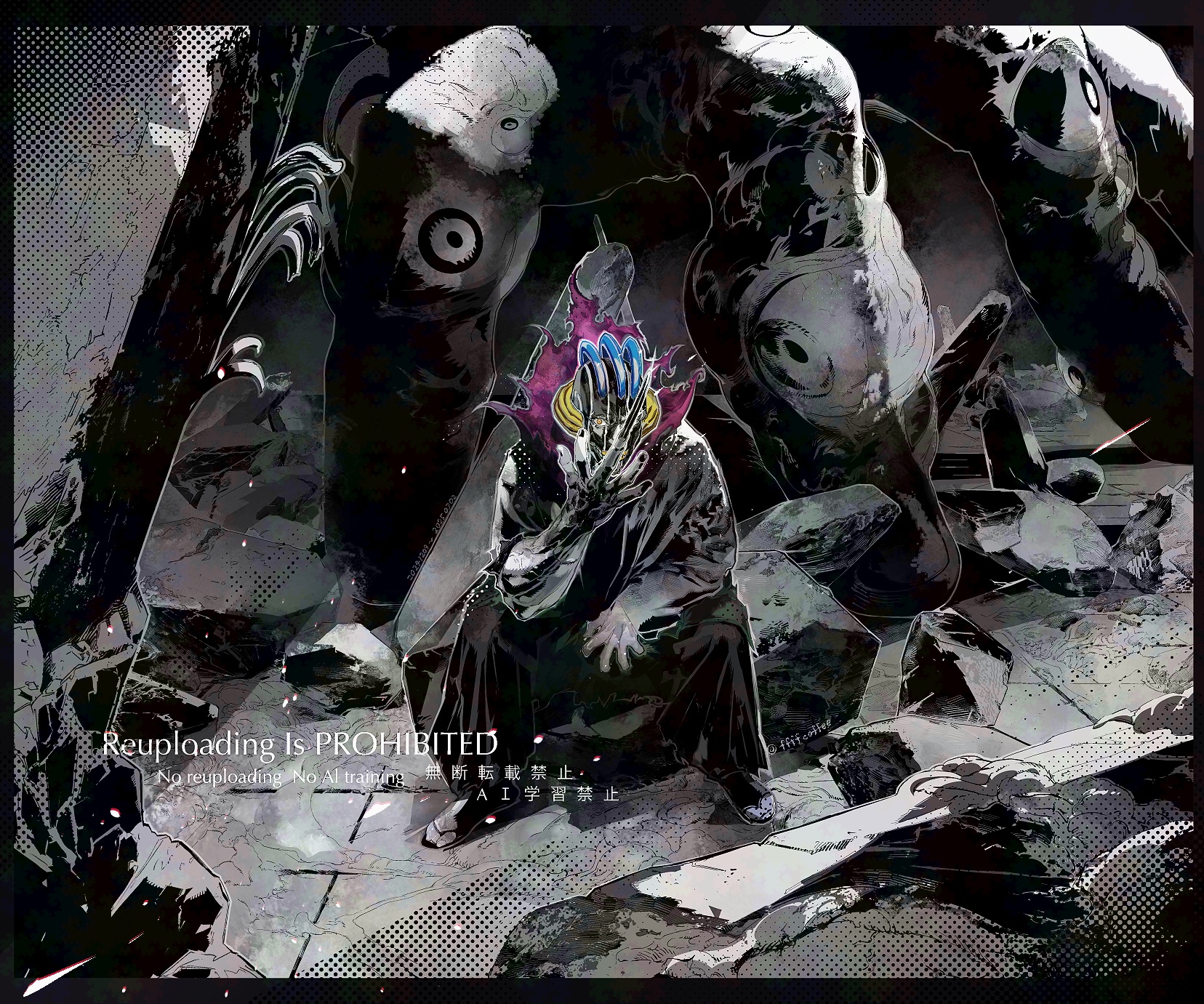 1boy black_skin bleach bleach:_sennen_kessen-hen cofffee colored_skin eyeball full_body giant_hand haori highres japanese_clothes kurotsuchi_mayuri looking_at_viewer makeup male_focus monster pernida_parnkgjas rock rubble single_long_fingernail sitting smile taichou_haori yellow_eyes yellow_teeth