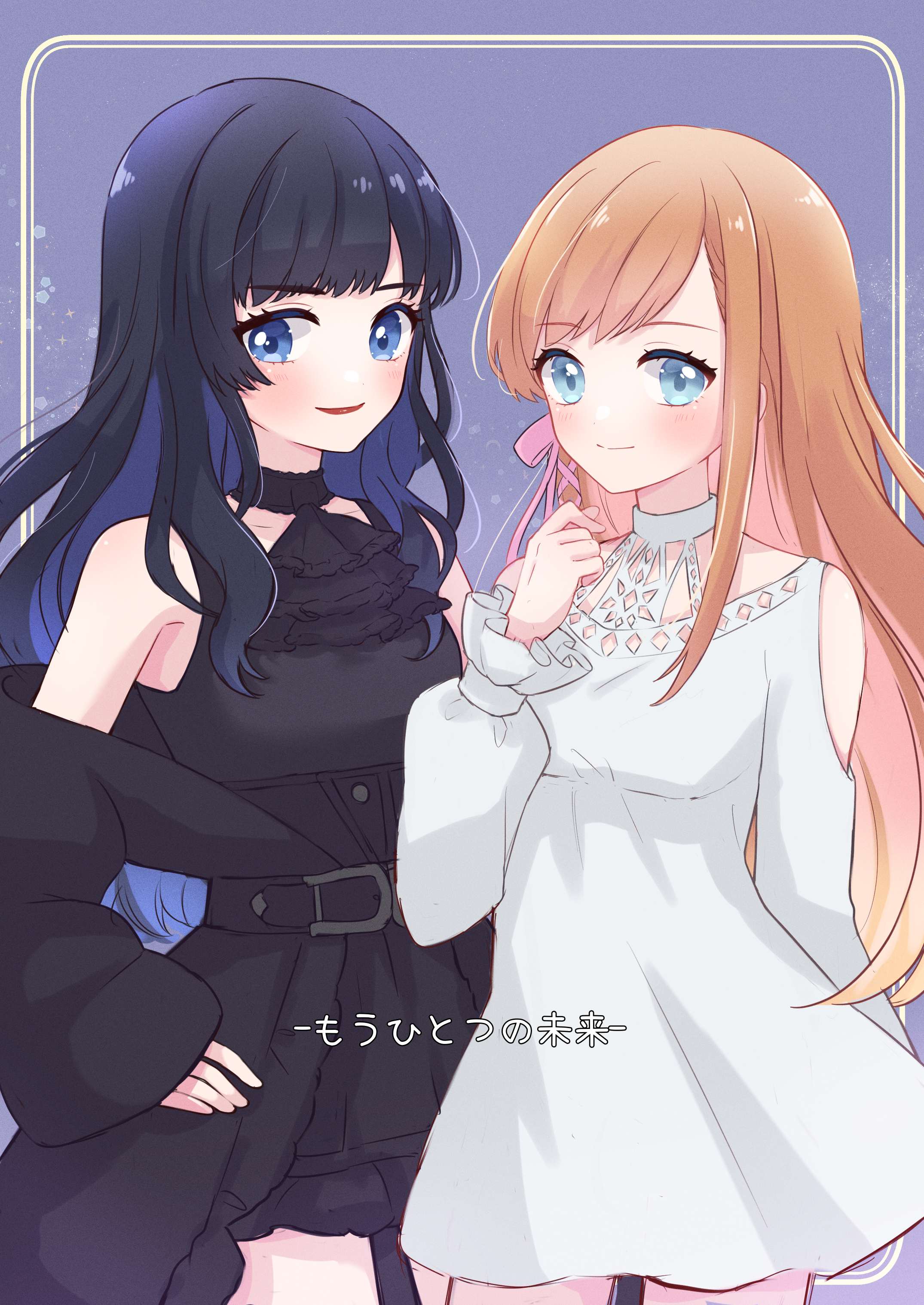 025sakura393 2girls absurdres armpits belt black_choker black_dress black_hair black_jacket blue_eyes blush blush_stickers breasts choker closed_mouth clothing_cutout dress final_fantasy final_fantasy_xiv gaia_(ff14) hand_on_own_hip highres jacket lipstick long_hair makeup medium_breasts multiple_girls orange_hair purple_background ryne_waters shoulder_cutout smile very_long_hair white_dress