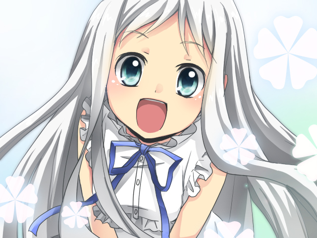 1girl ano_hi_mita_hana_no_namae_wo_bokutachi_wa_mada_shiranai. aqua_eyes breasts commentary dress grey_hair honma_meiko long_hair open_mouth small_breasts smile solo tsujiori upper_body white_dress