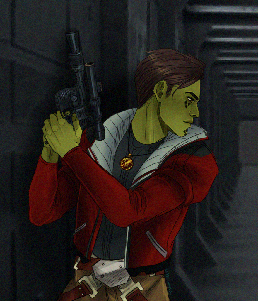 alien brown_hair colored_skin facial_mark green_skin grey_shirt gun holding holding_gun holding_weapon indoors jacket jewelry looking_to_the_side mirialan necklace oasiswinds open_clothes open_jacket red_jacket shirt short_hair solo star_wars weapon yellow_eyes