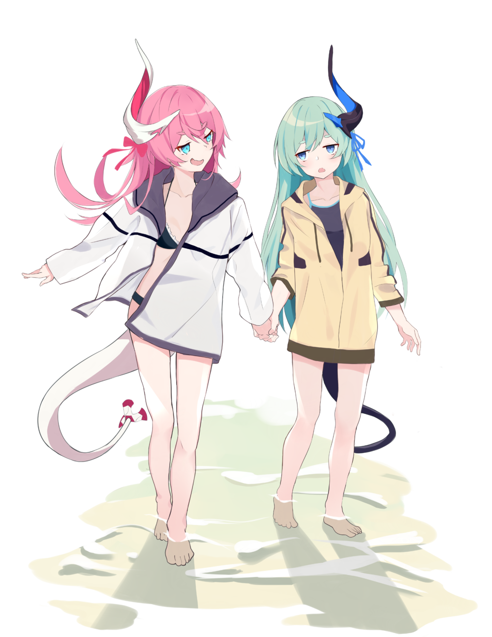 2girls bare_legs barefoot bikini blue_eyes blue_hair fang fang_out highres holding_hands honkai_(series) honkai_impact_3rd hood hooded_jacket horns jacket liliya_olenyeva long_hair looking_at_another multiple_girls one-piece_swimsuit open_clothes open_jacket open_mouth partially_submerged pink_hair rozaliya_olenyeva siblings single_horn smile smug swimsuit tail transparent_background twins walking_towards_viewer