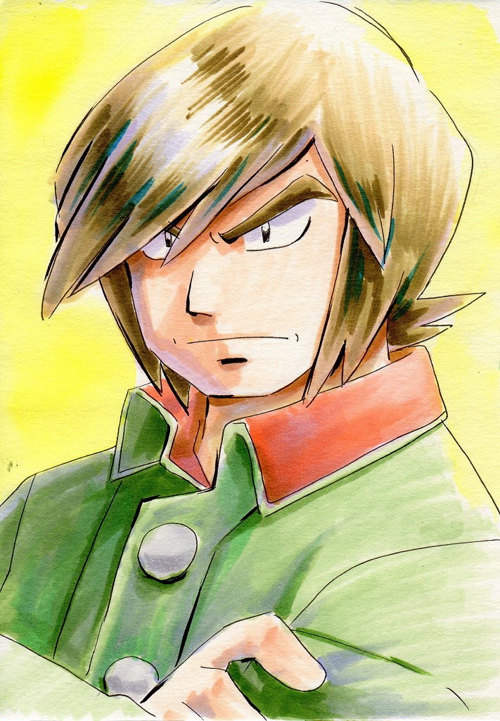 1boy black_eyes brandon_(pokemon) brown_hair buttons closed_mouth collared_jacket commentary_request frontier_brain green_jacket hand_up iwane_masaaki jacket long_sleeves male_focus nintendo pokemon pokemon_emerald pokemon_rse serious short_hair sketch solo swept_bangs