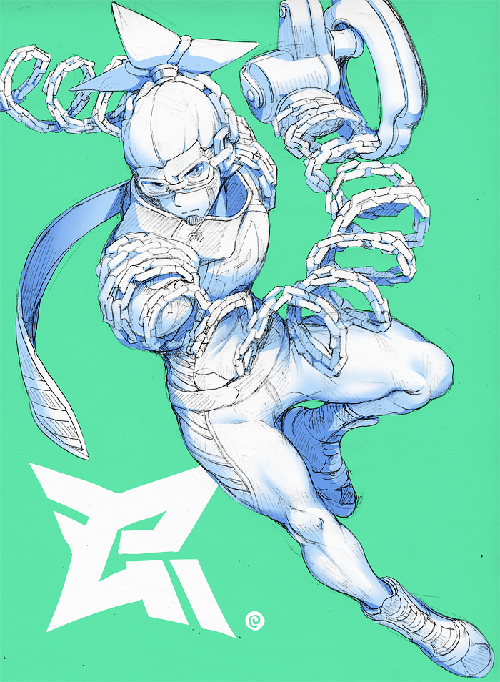 1boy arms_(game) chain chakram_(arms) closed_mouth domino_mask goggles green_background logo long_arms looking_at_viewer male_focus mask nekobayashi_(nekoforest) ninjara_(arms) nintendo ponytail scarf serious shoes short_hair simple_background sneakers solo spandex