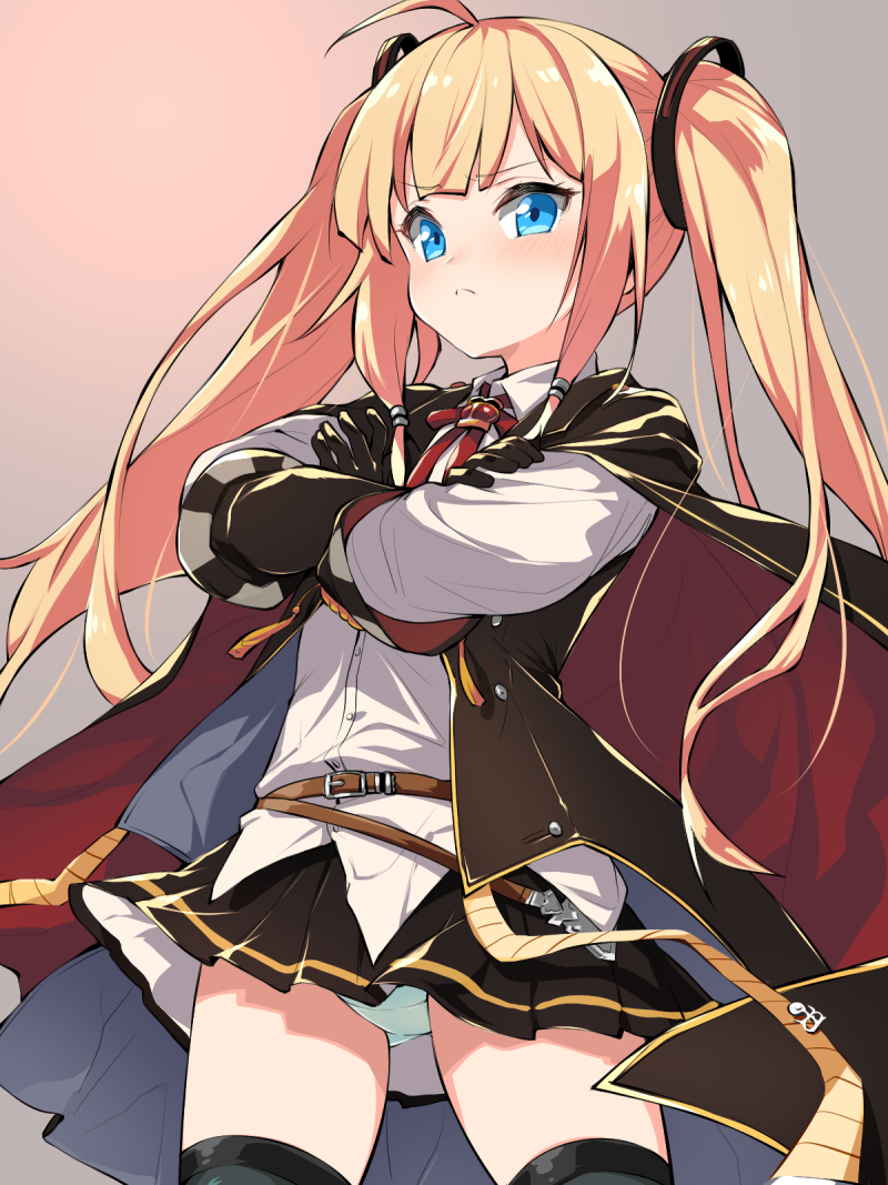 1girl ahoge aiguillette amazon_(azur_lane) amazon_(retrofit)_(azur_lane) azur_lane black_gloves black_skirt blonde_hair blue_eyes cape closed_mouth collared_shirt cowboy_shot crossed_arms female_focus frown gloves gradient_background green_panties grey_thighhighs long_hair miniskirt panties pantyshot pleated_skirt shirt skirt solo thighhighs thighs underwear very_long_hair white_shirt youhei_64d