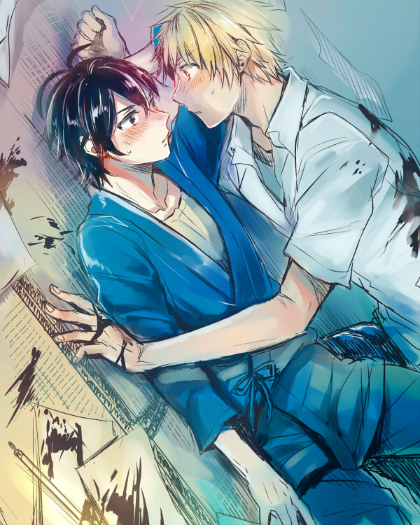 2boys barakamon black_eyes black_hair blonde_hair blush brown_eyes collarbone commentary_request epuko from_side hair_between_eyes handa_seishuu ink_on_clothes ink_splatter kido_hiroshi looking_at_another looking_at_viewer male_focus multiple_boys on_floor paper profile short_hair sketch tatami yaoi
