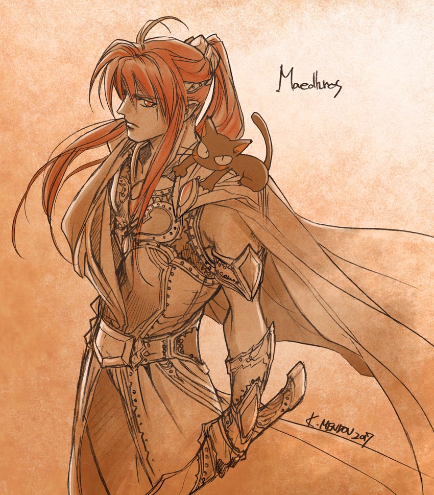 1boy animal animal_on_shoulder armband armor belt breastplate cape cat cat_on_shoulder character_name closed_mouth dated floating_cape floating_hair from_side holding holding_sword holding_weapon kazuki-mendou tolkien&#039;s_legendarium limited_palette looking_at_viewer looking_to_the_side maedhros male_focus one-hour_drawing_challenge pointy_ears ponytail red_eyes red_hair signature solo sword the_silmarillion weapon
