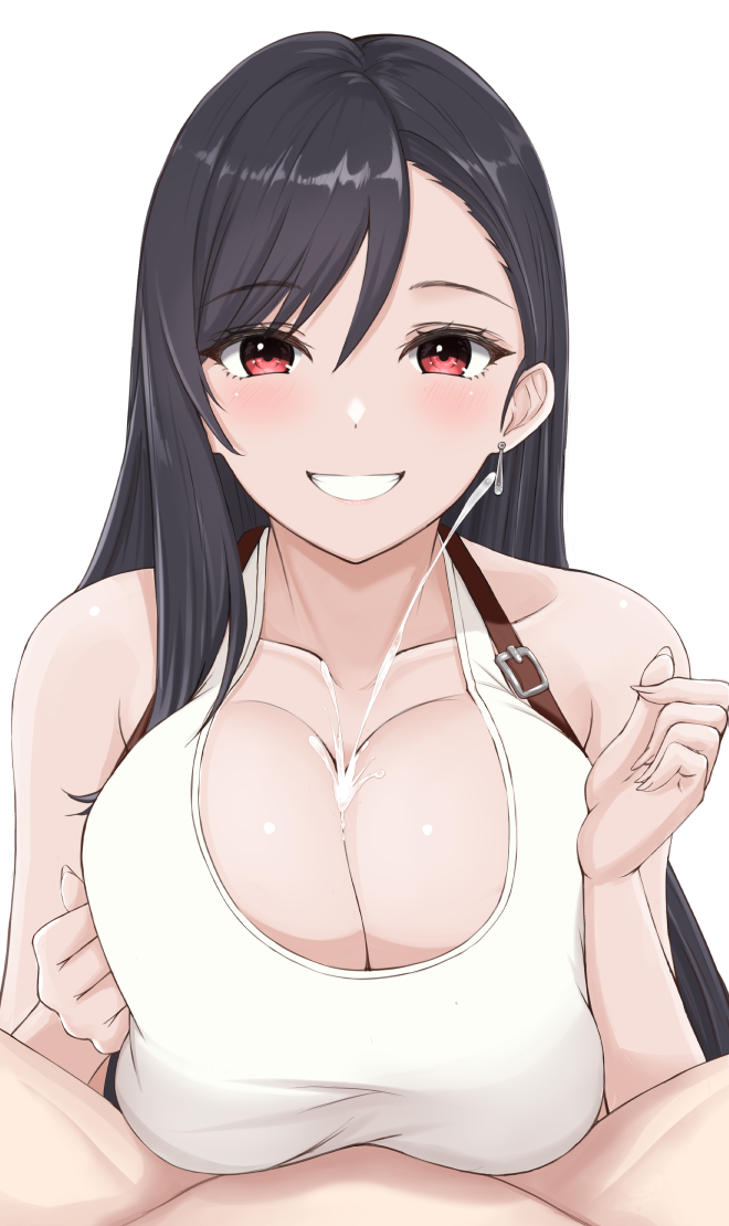 1boy 1girl black_hair blush breasts breasts_squeezed_together cleavage collarbone cum cum_on_body cum_on_breasts cum_on_upper_body earrings ejaculation final_fantasy final_fantasy_vii grin hair_between_eyes hetero jewelry large_breasts long_hair looking_at_viewer paizuri paizuri_under_clothes pov pov_crotch projectile_cum red_eyes simple_background smile solo_focus straight_hair suspenders tank_top tifa_lockhart upper_body vik_(xypt7474) white_background white_tank_top