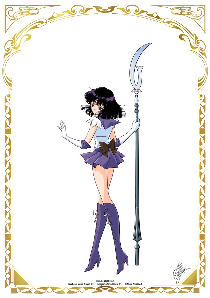 1girl back_bow bishoujo_senshi_sailor_moon black_hair blunt_bangs blunt_ends bow brooch choker elbow_gloves gloves jewelry magical_girl marco_albiero outer_senshi purple_eyes purple_sailor_collar purple_skirt sailor_collar sailor_saturn sailor_senshi_uniform short_hair silence_glaive skirt solo tomoe_hotaru white_gloves