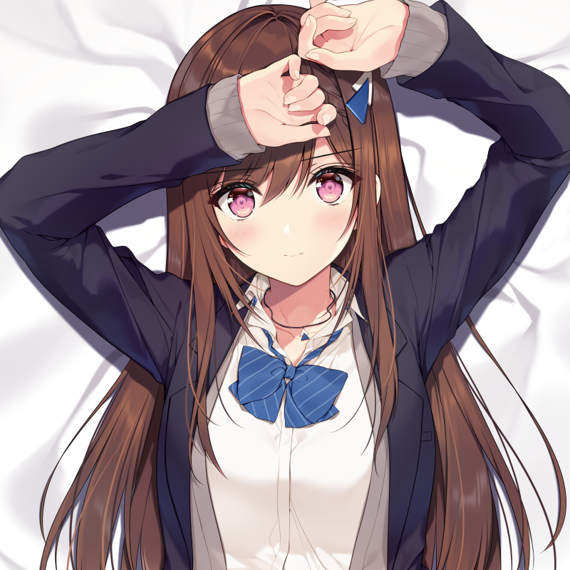 1girl arms_up bed_sheet black_jacket blazer blush bow bowtie braid breasts brown_hair cardigan closed_mouth collared_shirt commentary_request cropped diagonal-striped_bow diagonal-striped_bowtie diagonal-striped_clothes doumyouji_cocoa game_club_project grey_cardigan hair_between_eyes hair_ornament jacket jewelry lapels long_hair long_sleeves looking_at_viewer loose_bowtie lying necklace necomi notched_lapels on_back open_cardigan open_clothes open_jacket purple_eyes school_uniform shirt sleeves_past_wrists solo striped_clothes upper_body virtual_youtuber white_shirt wing_collar