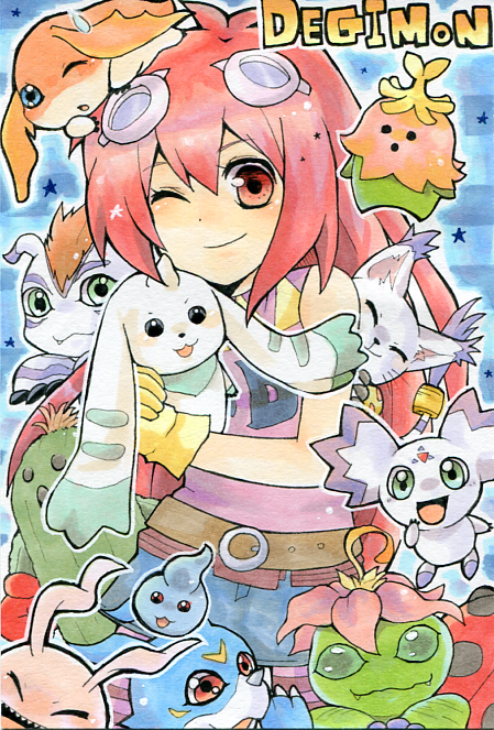 animal_ears cat cat_ears chicomon culumon digimon digimon_(creature) gloves goggles goggles_on_head gomamon holy_ring horns jewelry kizuna_(digimon) koromon lalamon looking_at_viewer palmon patamon ring smile tail tailmon terriermon togemon v-mon