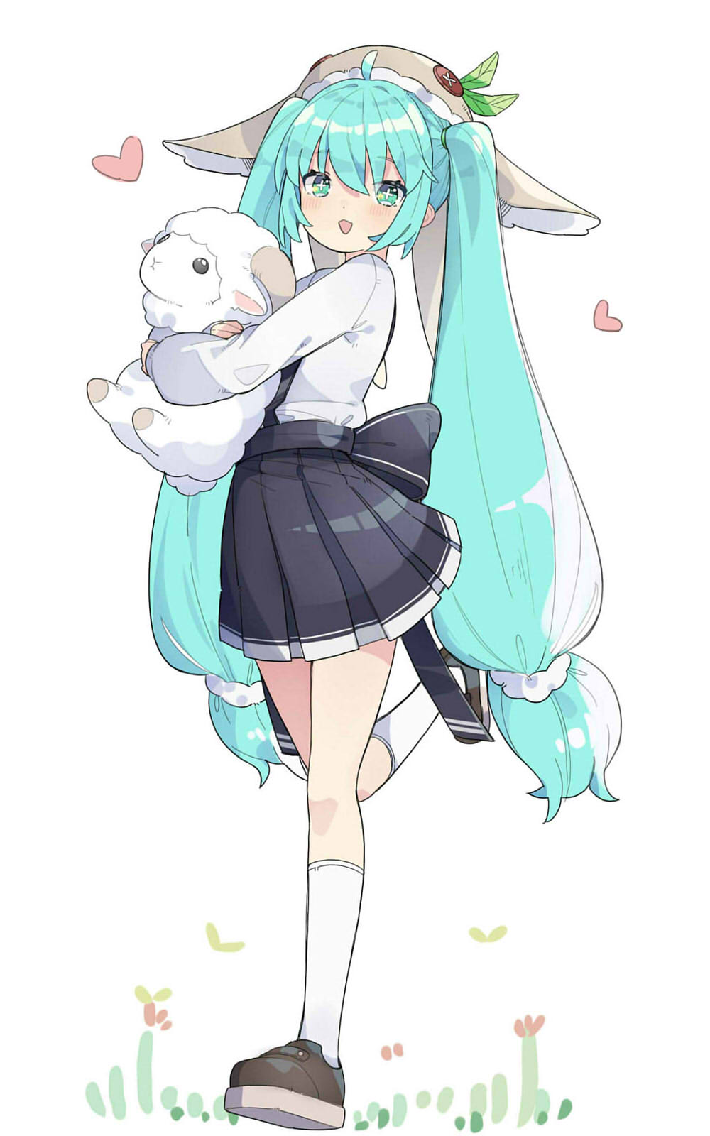1girl alternate_costume animal_hat aqua_eyes aqua_hair back_ribbon black_ribbon black_skirt bright_pupils brown_shoes commentary_request full_body grass hat hatsune_miku heart highres hugging_doll hugging_object kneehighs long_hair long_sleeves open_mouth pa._(tatuya28001) pleated_skirt ribbon shirt shoes skirt smile socks solo sparkling_eyes standing standing_on_one_leg stuffed_animal stuffed_sheep stuffed_toy twintails very_long_hair vocaloid white_background white_pupils white_shirt white_socks