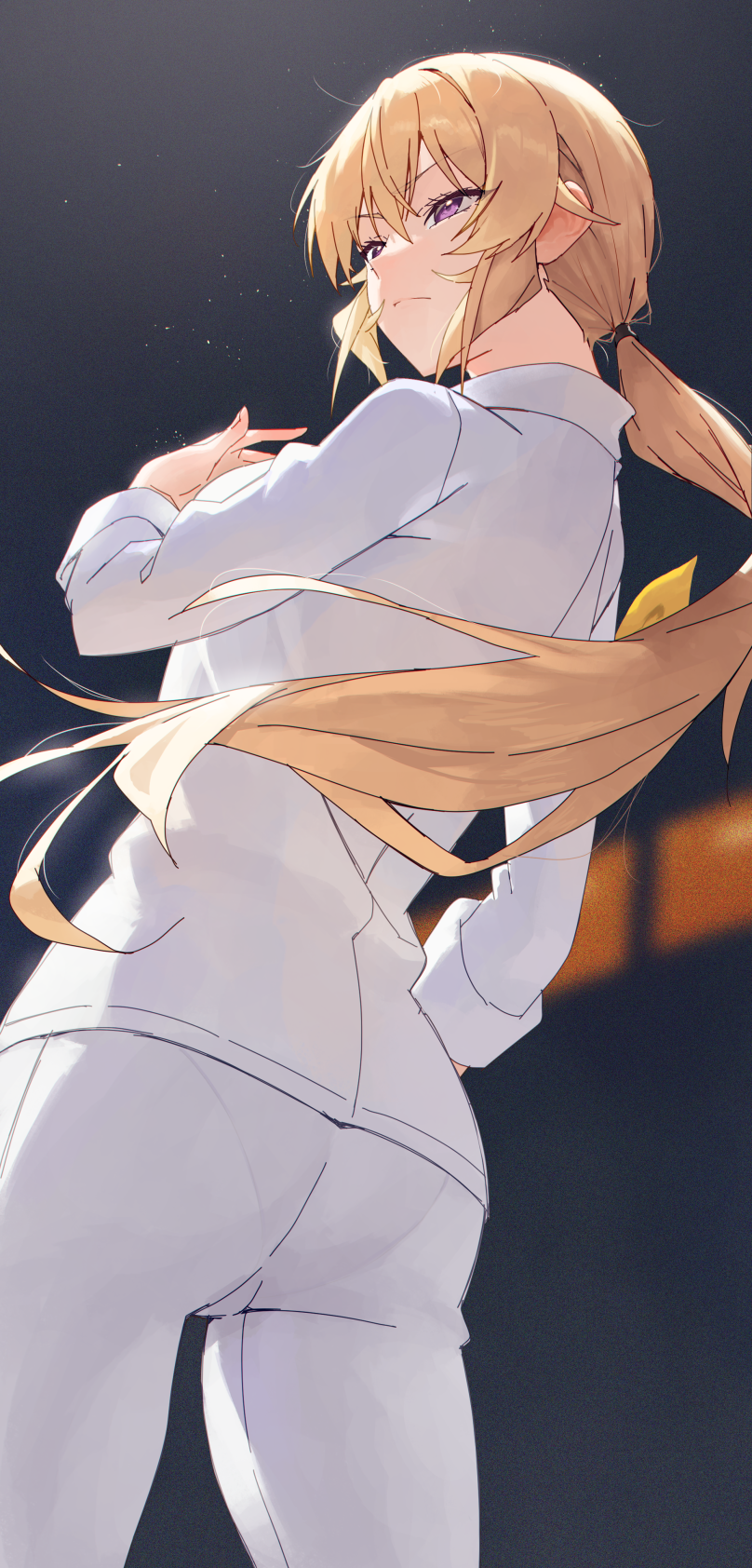 1girl ass black_background blonde_hair breasts chef closed_mouth floating_hair from_behind hand_up highres light_particles long_hair low_ponytail nakiri_erina pants pantylines ponytail purple_eyes shirt shokugeki_no_souma slope_(check238) v-shaped_eyebrows very_long_hair white_pants white_shirt