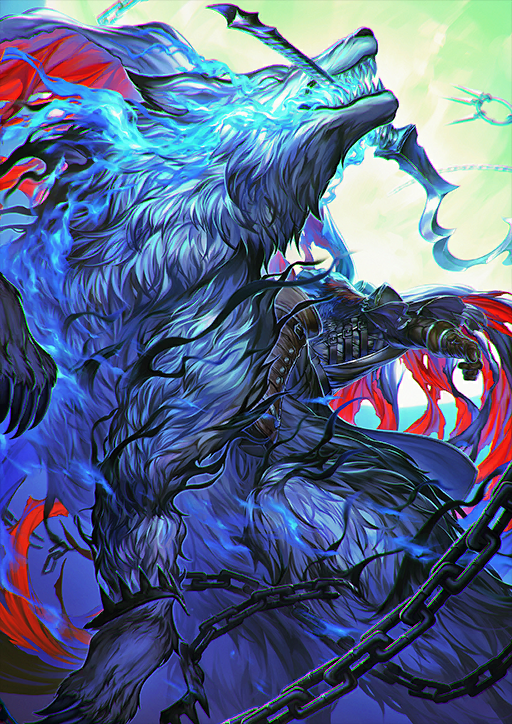1boy animal animal_focus ascot belt black_belt black_cape black_jacket blue_eyes blue_fire blue_sky boots breath_weapon breathing_fire brown_boots brown_gloves cape chain collared_cape cuffs dynamic_pose fate/grand_order fate_(series) fire full_body gloves glowing glowing_eyes green_background headless hessian_(fate) horseback_riding jacket lobo_(fate) long_sleeves male_focus mouth_hold night official_art outstretched_arm oversized_animal red_ascot red_cape riding shackles sharp_teeth simosi sky solid_eyes solo teeth third-party_source torn_cape torn_clothes two-sided_cape two-sided_fabric waist_cape weapon wing_collar wolf