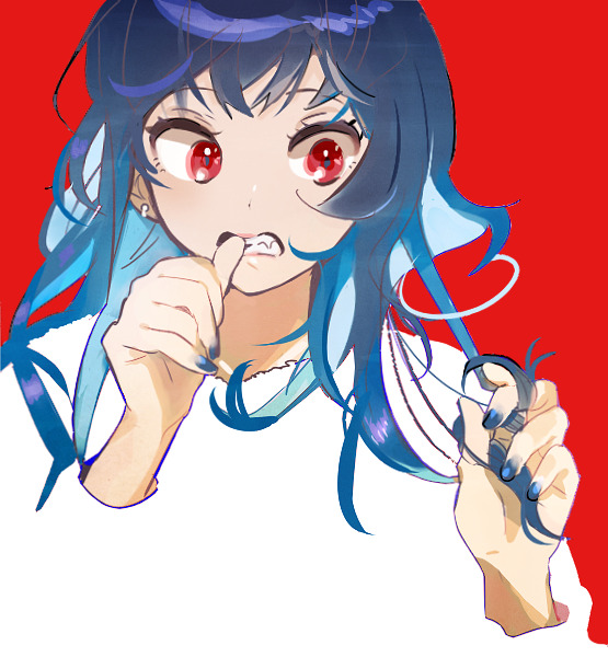 1girl biting blending blue_hair blue_nails earrings fingernails hands_up jewelry long_hair looking_to_the_side nail_biting nail_polish open_mouth original otohime_(kk23maa) red_background red_eyes simple_background solo teeth twirling_hair upper_body