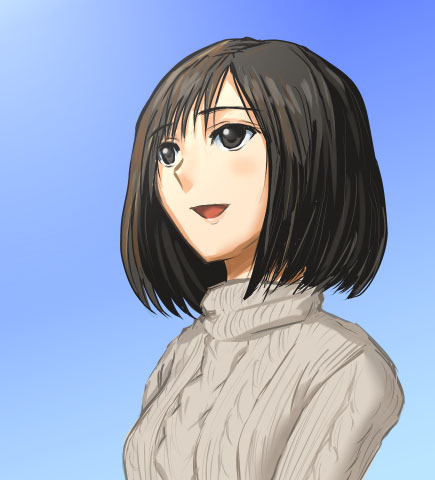 1girl aran_sweater black_hair blue_sky blush cable_knit female_focus gradient_background harasaki_nozomi lowres nose shenmue shenmue_i short_hair sky smile solo stmk64 sweater turtleneck
