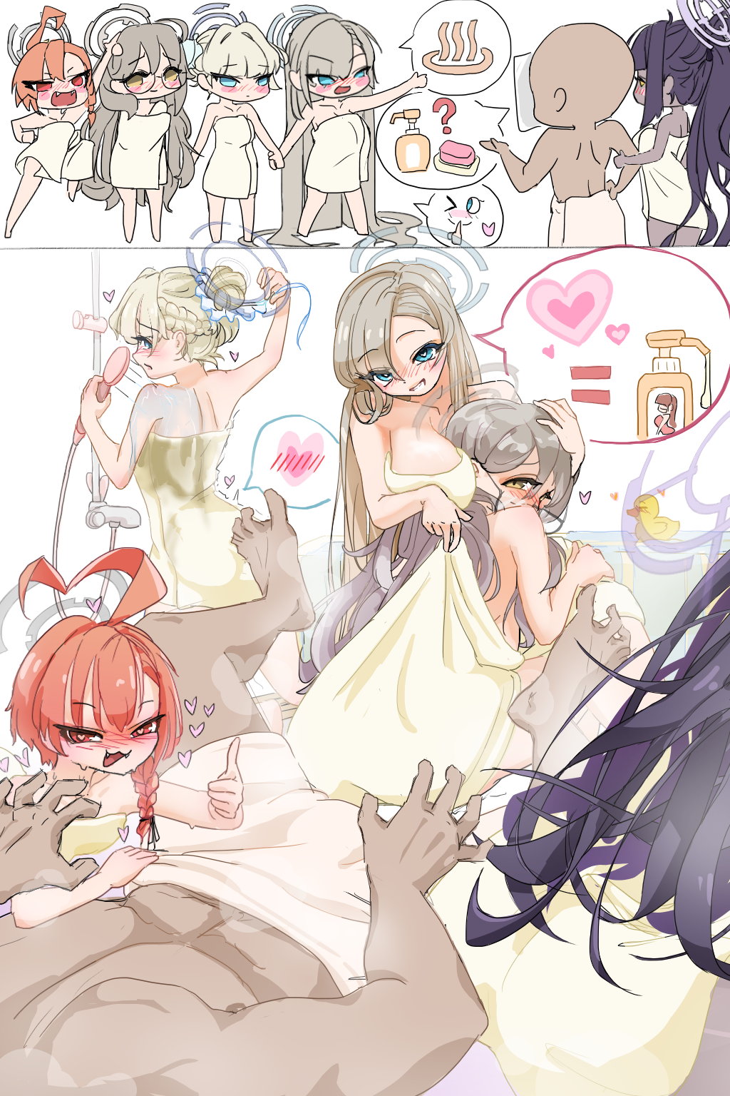 1boy 5girls ahoge akane_(blue_archive) arcosxpi asuna_(blue_archive) bar_soap bare_shoulders barefoot bath bathing black_hair black_halo blonde_hair blue_archive blue_eyes blue_halo blush braid breast_rest breasts brown_hair brown_halo cleaning_&amp;_clearing_(blue_archive) collarbone dark-skinned_female dark_skin embarrassed glasses hair_bun hair_over_one_eye half_up_braid halo harem highres huge_ahoge karin_(blue_archive) large_breasts long_hair looking_at_viewer looking_back lying maid_headdress multicolored_hair multiple_girls muscular muscular_male naked_towel neru_(blue_archive) pulling_another&#039;s_clothes purple_hair purple_halo red_eyes red_hair rubber_duck sensei_(blue_archive) short_hair showering single_braid single_hair_bun sitting smile soap_bottle thumbs_up toki_(blue_archive) towel very_long_hair