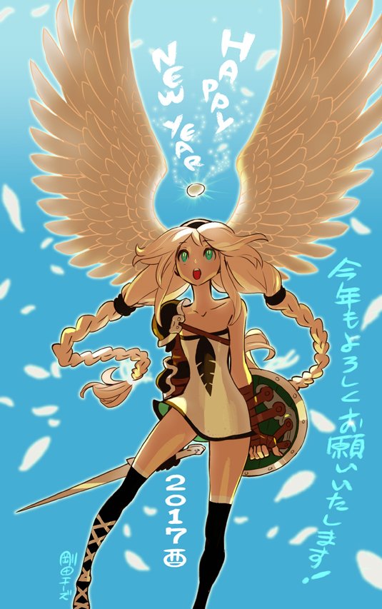 1girl 2017 :o aqua_eyes bengus bird_wings black_socks braid chinese_zodiac collarbone dress feathered_wings happy_new_year head_wings holding holding_shield holding_sword holding_weapon kneehighs long_hair looking_up new_year open_mouth original shield short_dress single_bare_shoulder single_shoulder_pad socks solo strapless strapless_dress sword teeth translation_request twin_braids upper_teeth_only weapon white_dress white_hair white_wings wings year_of_the_rooster