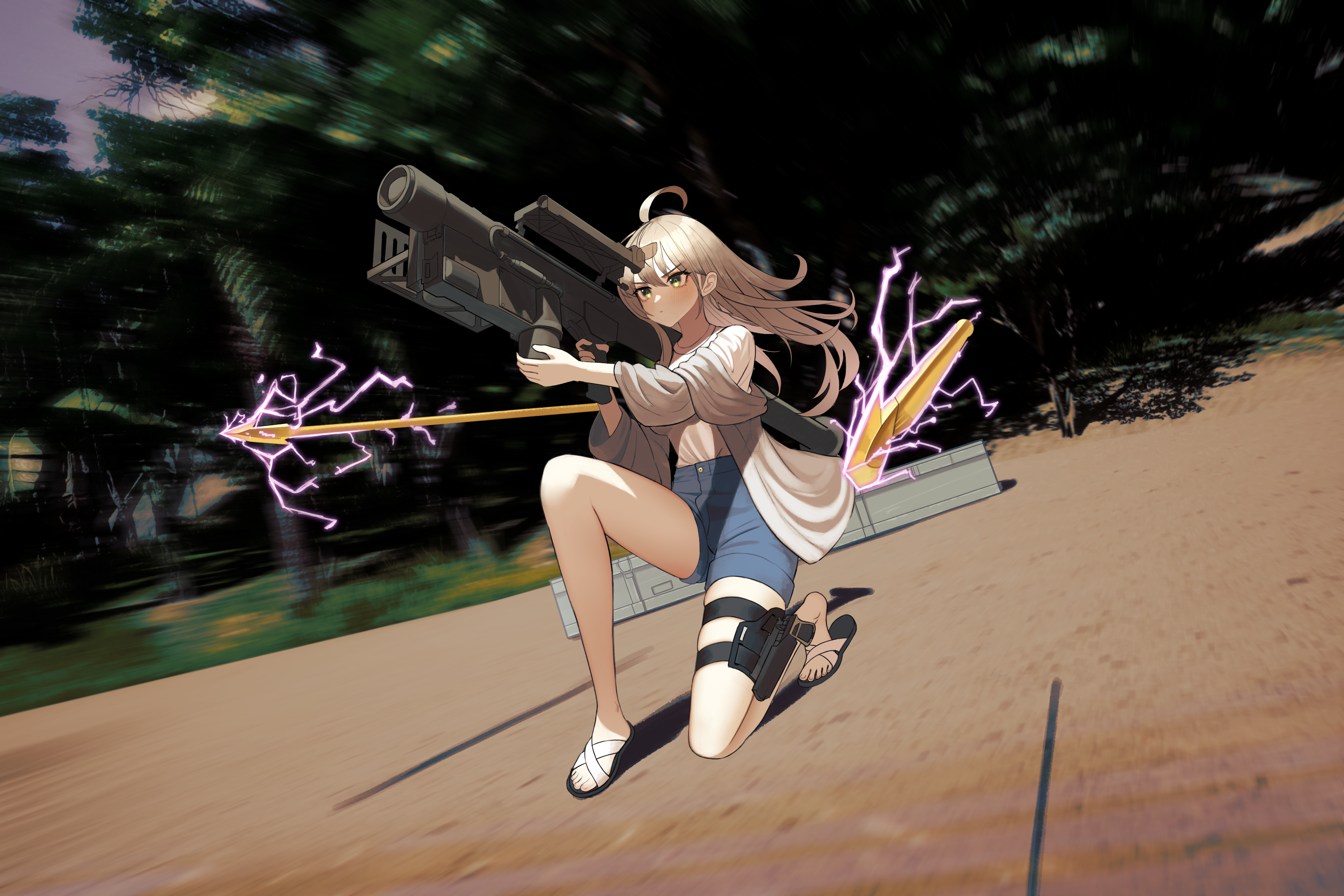 1girl absurdres anti-aircraft anti-aircraft_gun blonde_hair blue_shorts fim-92_stinger floating_hair green_eyes highres holster kkkk_(laa2973) long_hair looking_up novelpia rocket_launcher shorts solo thigh_holster thighs weapon