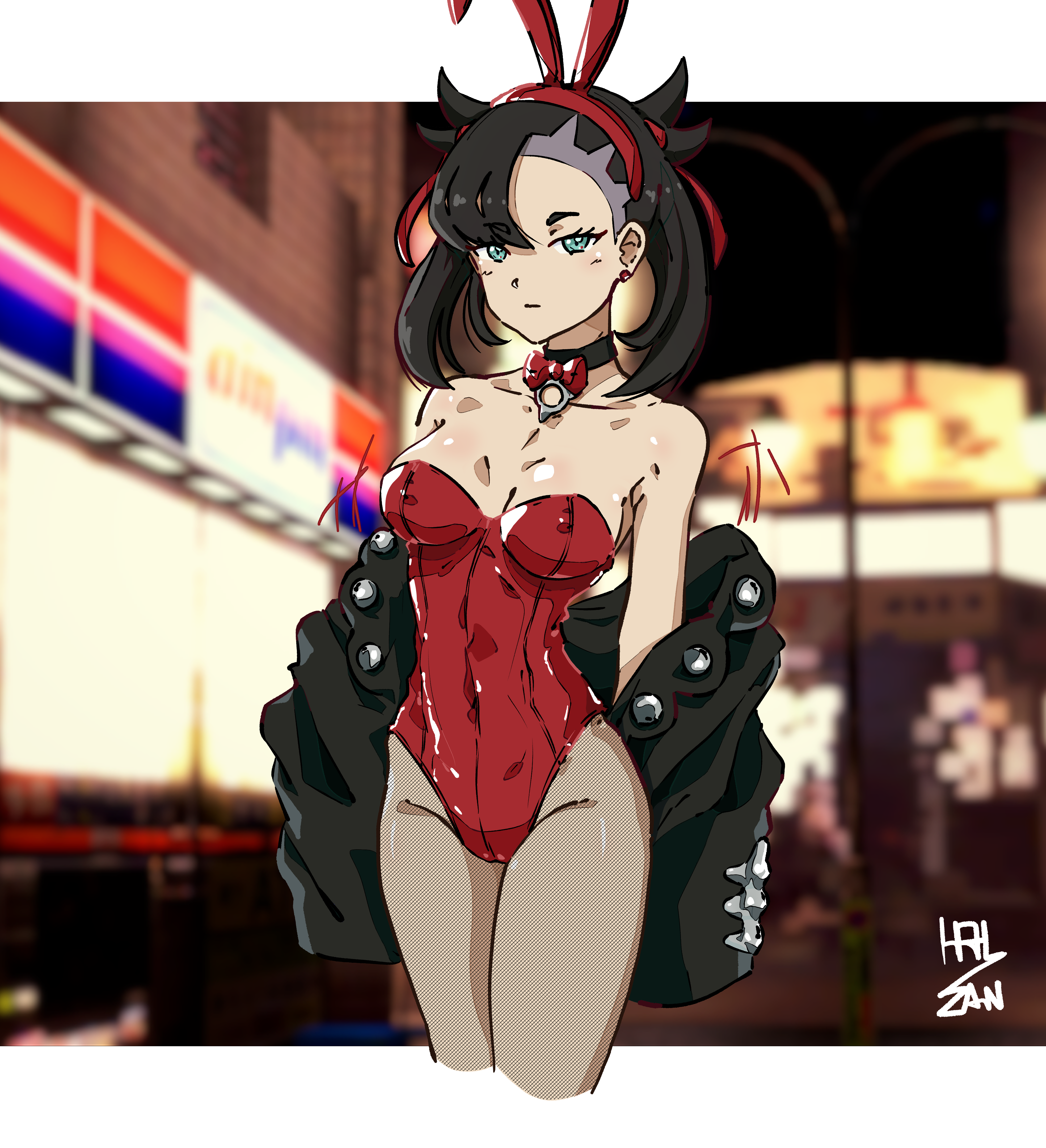 1girl asymmetrical_bangs black_choker black_hair bow bowtie choker earrings exhibitionism flashing game_freak green_eyes hair_ribbon hal_san highres jacket jacket_partially_removed jewelry leotard marnie_(pokemon) nintendo pantyhose pokemon pokemon_swsh public_indecency rabbit_ears ribbon stud_earrings twintails