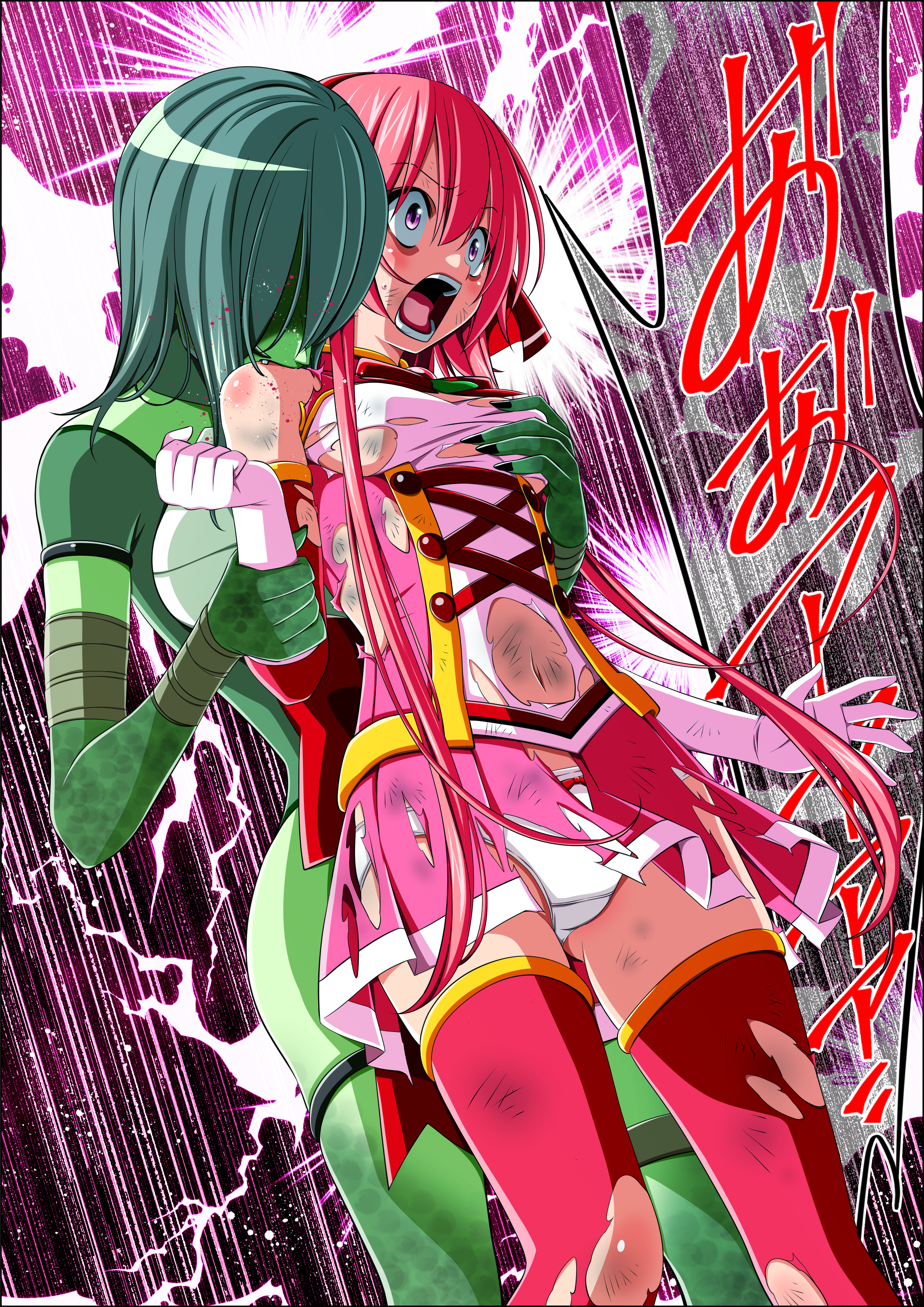 2girls absurdres abuse back_bow beaten biting biting_shoulder blood blood_drop blood_sucking blush body_blush bodysuit bow breasts brooch bruise bruise_on_arm bruise_on_face bruise_on_leg bruise_on_stomach character_request closed_eyes clover clover_rose collared_dress constricted_pupils cowboy_shot detached_sleeves dirty dirty_clothes dress drinking_blood emphasis_lines eyebrows_hidden_by_hair fangs feet_out_of_frame flower four-leaf_clover gloves grabbing_another's_breast grabbing_from_behind green_scales groping hair_flower hair_ornament hairband hand_under_clothes hand_up head_tilt helmet highres holding_back immobilization injury jewelry koeda0111 lace lace-trimmed_dress lace_trim legs_apart leotard long_sidelocks looking_afar magical_girl miniskirt molestation monster_girl multicolored_dress multicolored_skirt multiple_girls navel open_mouth original pain panties pantyshot peril pink_dress pink_hair pink_skirt pleated_dress pleated_skirt red_bow red_brooch red_hairband reptile_girl restrained ryona scales scratches screaming short_dress short_hair short_hair_with_long_locks sidelocks skirt sleeveless sleeveless_dress small_breasts standing standing_restraints surprised teeth thighhighs thighs torn torn_bow torn_clothes torn_dress torn_skirt torn_sleeves torn_thighhighs underwear upright_restraints utsugi_chisaki very_long_sidelocks violence white_panties yotsuba_no_senki_clover_rose yuri zettai_ryouiki