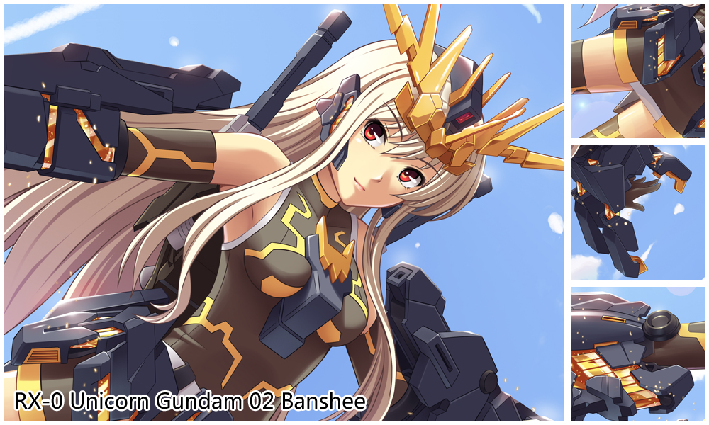 1girl armpits athrun1120 bare_shoulders between_breasts blonde_hair blue_sky bodysuit breasts character_name day elbow_gloves female_focus gloves gundam gundam_unicorn long_hair mecha_musume nt-d red_eyes sky solo unicorn_gundam_banshee very_long_hair