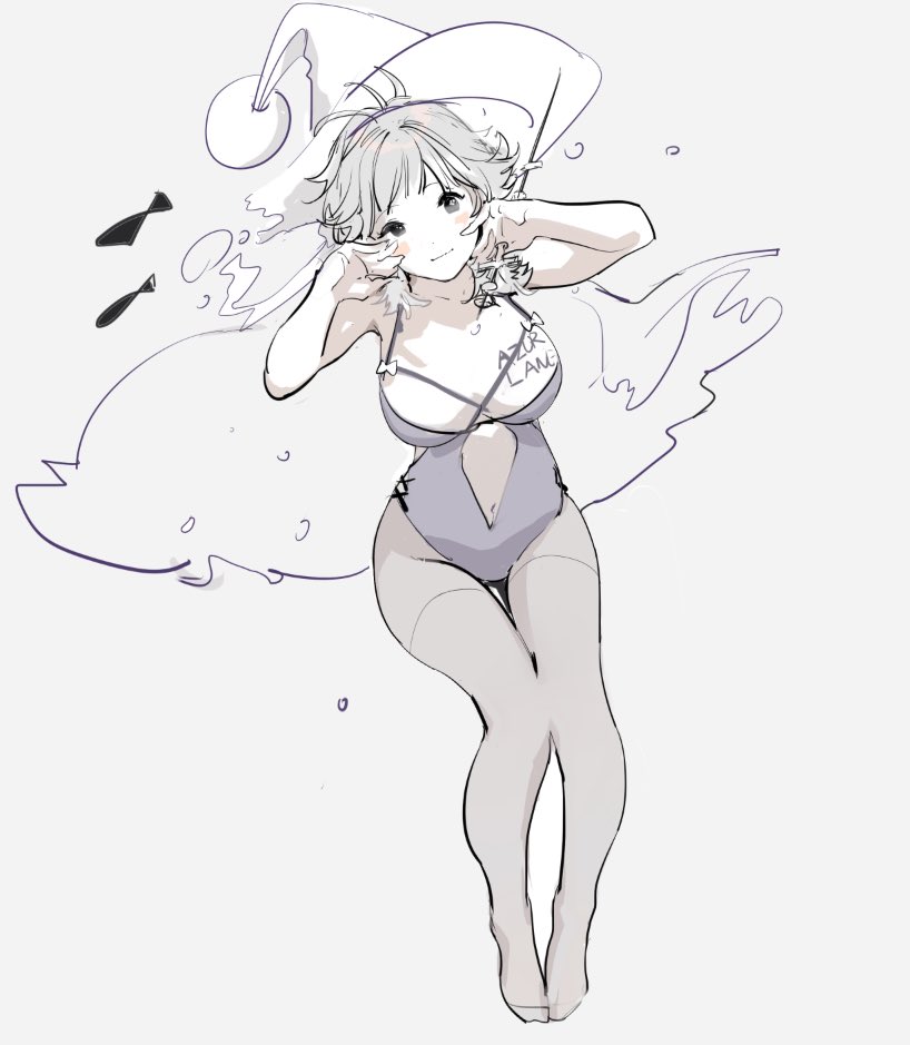 1girl air_bubble azur_lane blush body_writing breasts bubble cleavage grey_background grey_eyes grey_hair grey_one-piece_swimsuit grey_pantyhose hat holding holding_wand large_breasts navel nineo one-piece_swimsuit pantyhose pantyhose_under_swimsuit seattle_(azur_lane) seattle_(sunfish_spell!)_(azur_lane) short_hair simple_background smile swimsuit underwater wand witch_hat