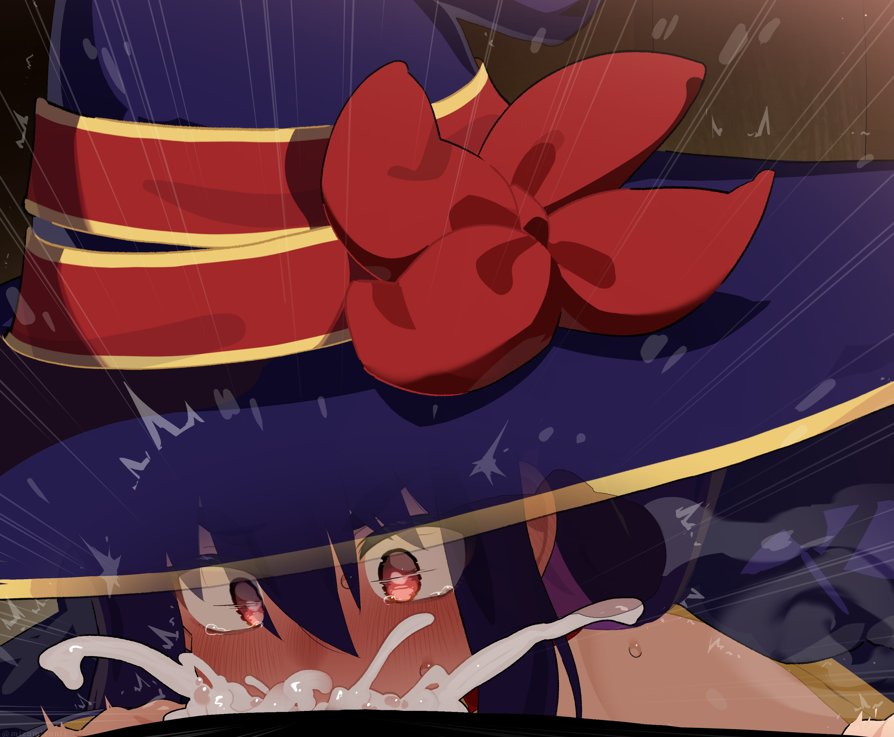 1boy 1girl absurdres blue_hat blush commentary_request cum cum_in_mouth cum_overflow deepthroat fellatio hair_between_eyes hat hetero highres yihdra_arvoln long_hair mizumizuni oral penis pov red_eyes sentai_red_ga_isekai_de_boukensha_ni_naru solo_focus sweat tears witch_hat