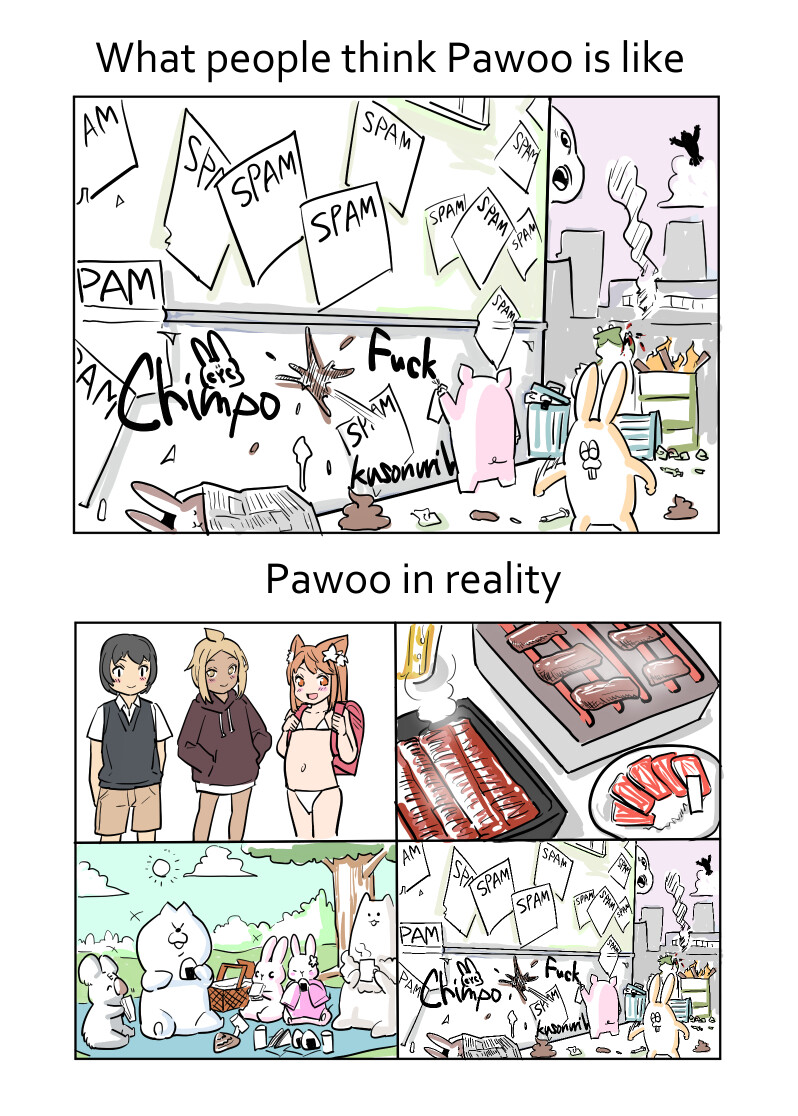3girls animal_ears bikini black_hair blonde_hair borrowed_character building english_text expectation_vs._reality fire fish_(food) flat_chest food graffiti grilled_eel hood hoodie meme multiple_girls onigiri original pawoo picnic poop profanity rabbit sawada_kanako shorts smoke sweater_vest swimsuit throwing topknot trash_can unmaker
