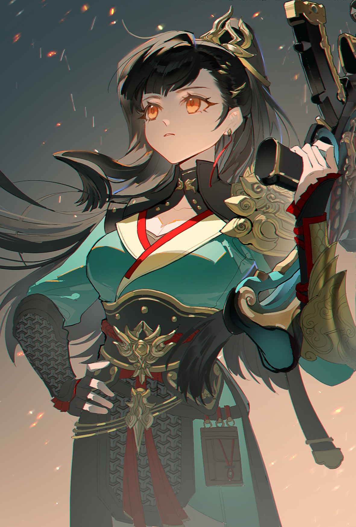 1girl arm_armor armor black_hair breasts chinese_armor chinese_clothes chinese_commentary commentary_request cowboy_shot earrings fingerless_gloves girls'_frontline girls'_frontline_2:_exilium gloves guaisanmu gun highres holding holding_gun holding_weapon jewelry long_hair official_alternate_costume orange_eyes parted_lips qbz-191 qbz-191_(girls'_frontline) qiongjiu_(girls'_frontline_2) single_glove solo weapon