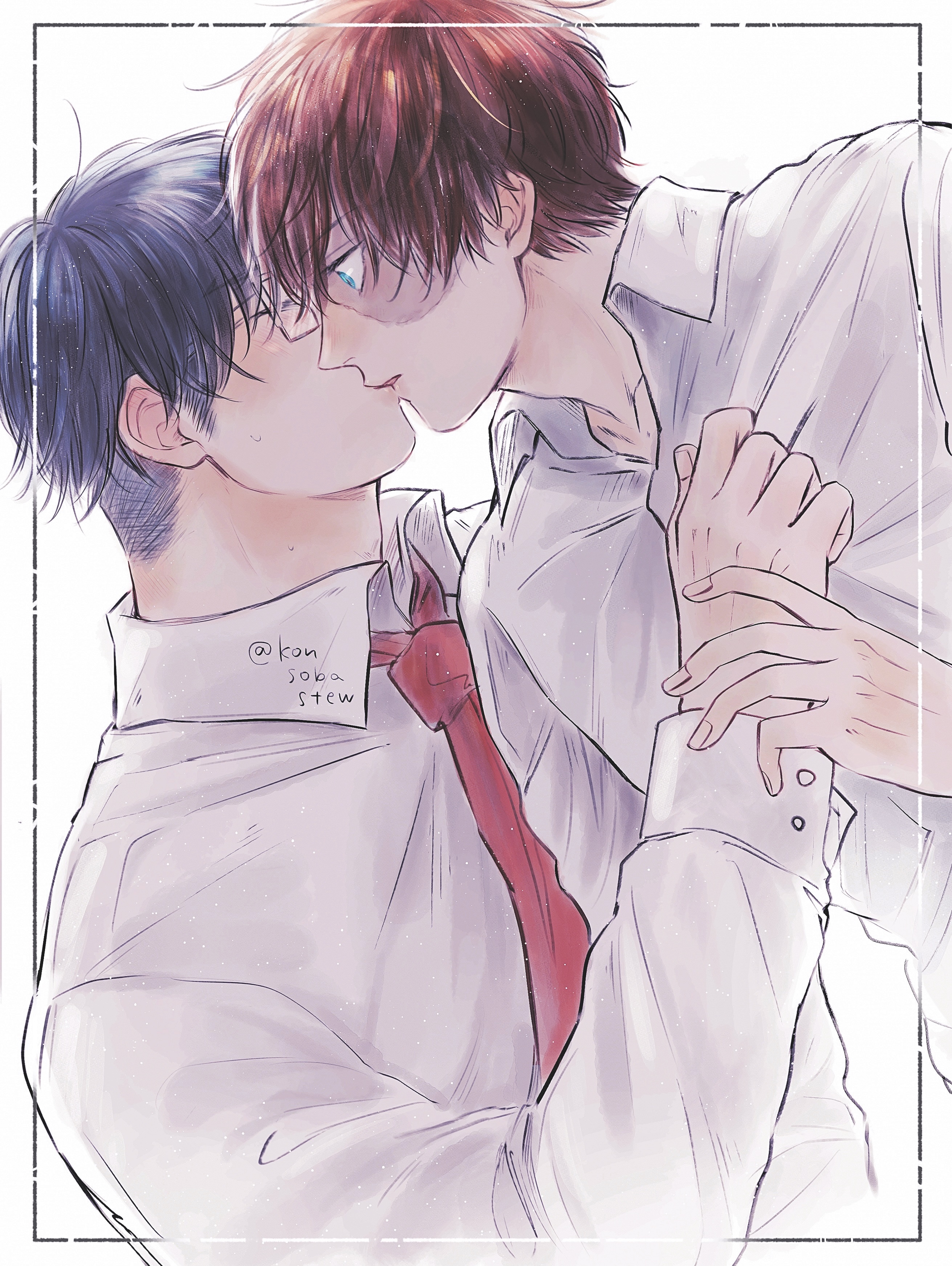 2boys absurdres boku_no_hero_academia collarbone collared_shirt fingernails highres iida_tenya inset_border kiss konsobastew long_sleeves male_focus multiple_boys necktie rectangular_eyewear red_necktie scar scar_on_face shirt short_hair sideburns thick_neck todoroki_shoto white_background white_shirt yaoi