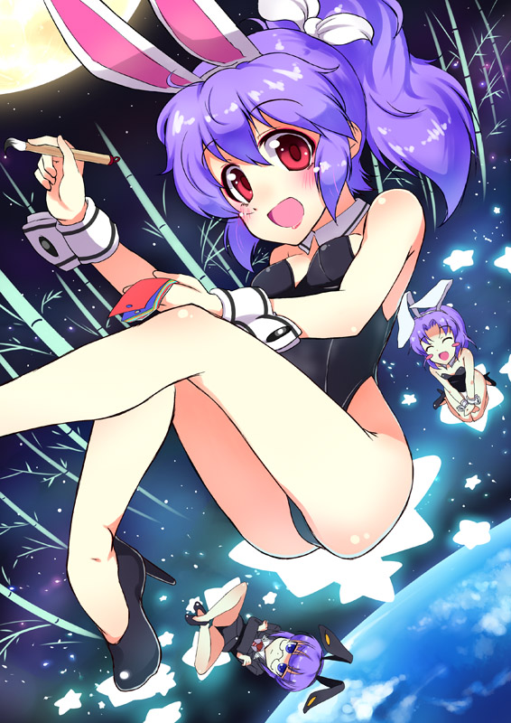 3girls animal_ears bamboo calligraphy_brush detached_collar fake_animal_ears holding holding_calligraphy_brush holding_paintbrush holding_tanzaku leotard long_hair moon multiple_girls nickq original paintbrush plantar_flexion playboy_bunny purple_hair rabbit_ears red_eyes star_(sky) star_(symbol) tanabata tanzaku wrist_cuffs