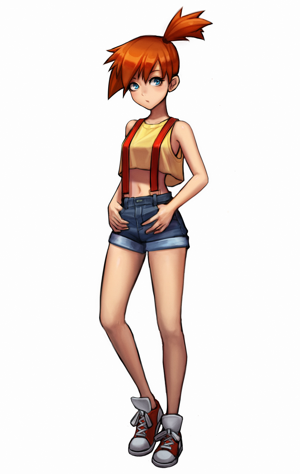 1girl :o alternate_color blue_eyes blue_shorts breasts contrapposto crop_top crop_top_overhang denim denim_shorts female_focus highres jungon_kim looking_to_the_side medium_breasts midriff misty_(pokemon) navel nintendo orange_hair pokemon pokemon_(anime) pokemon_(classic_anime) ponytail shiny_skin shirt shoes shorts simple_background sneakers solo standing standing_on_one_leg stomach suspenders thumbs_in_pockets white_background yellow_shirt